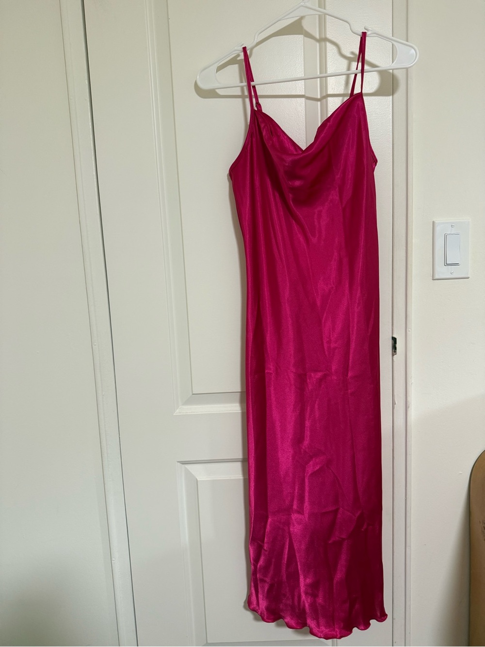 bebe Satin Slip Midi Dress in Fuchsia